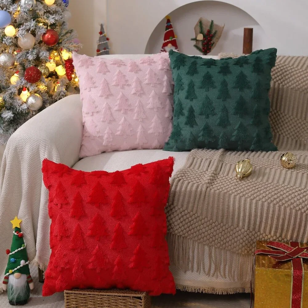 Soft Plush 18x18” Christmas Throw Pillow Covers - Green, Set of 2 for Cozy Decor